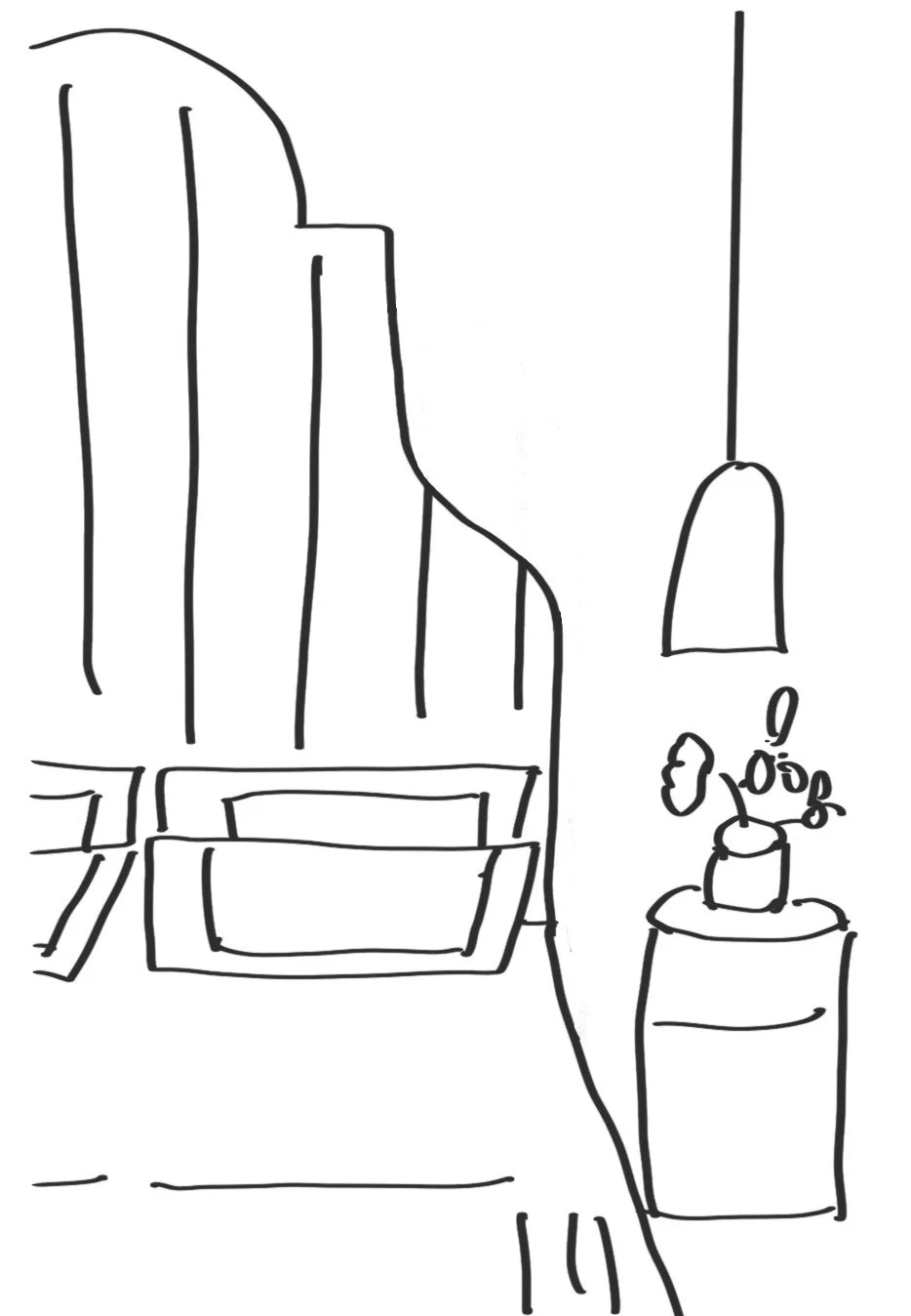 Dessin d'une chambre avec un lit, une table de chevet avec une lampe et une plante