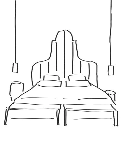 Dessins simple en ligne d'un lit double avec une tête de lit, deux oreillers, deux lampes suspendues, une table de nuit de chaque côté et un mur en arrière-plan.