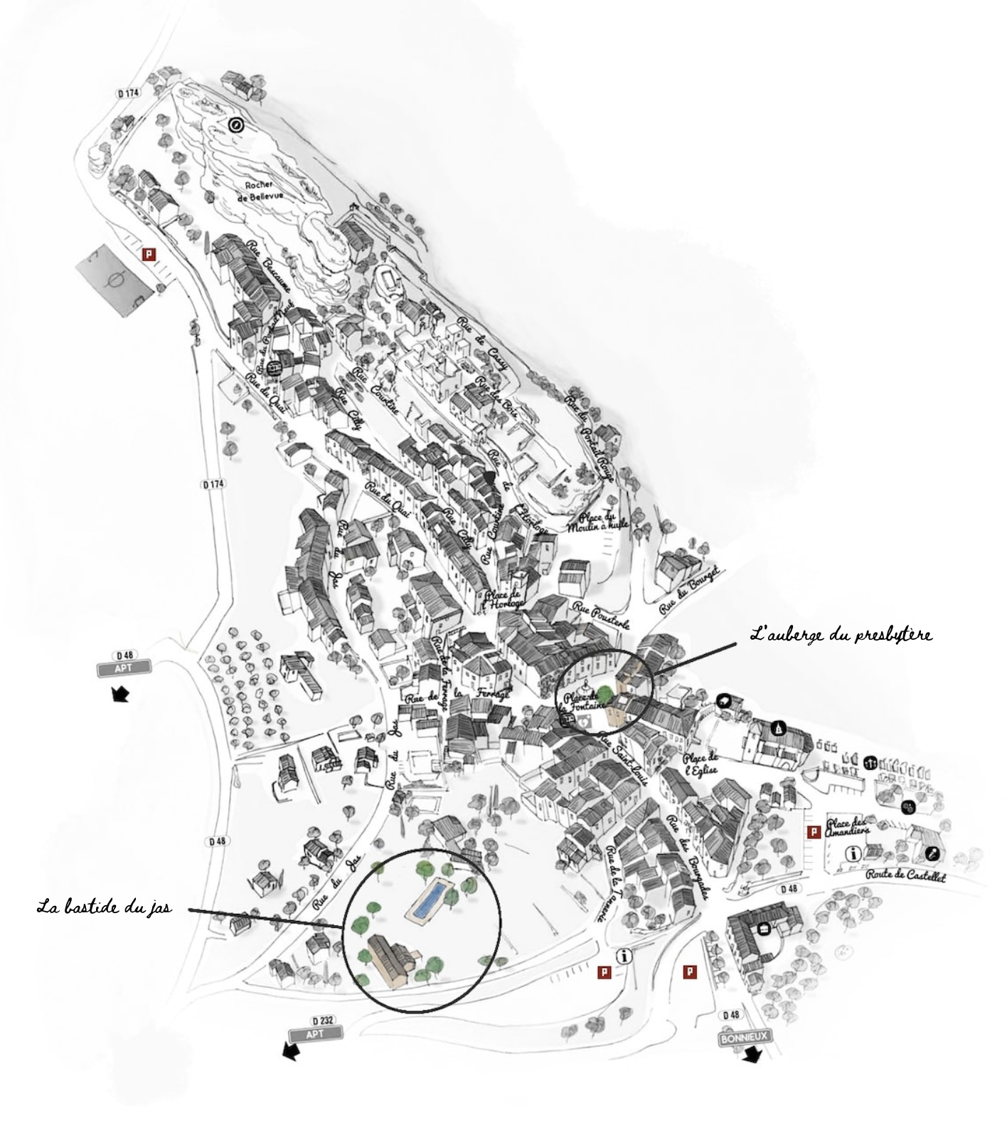 Carte du village montrant la Bastide du Jas et l'Auberge du Presbytère, avec plusieurs rues, bâtiments, parkings, et points d'intérêt, en style illustré.