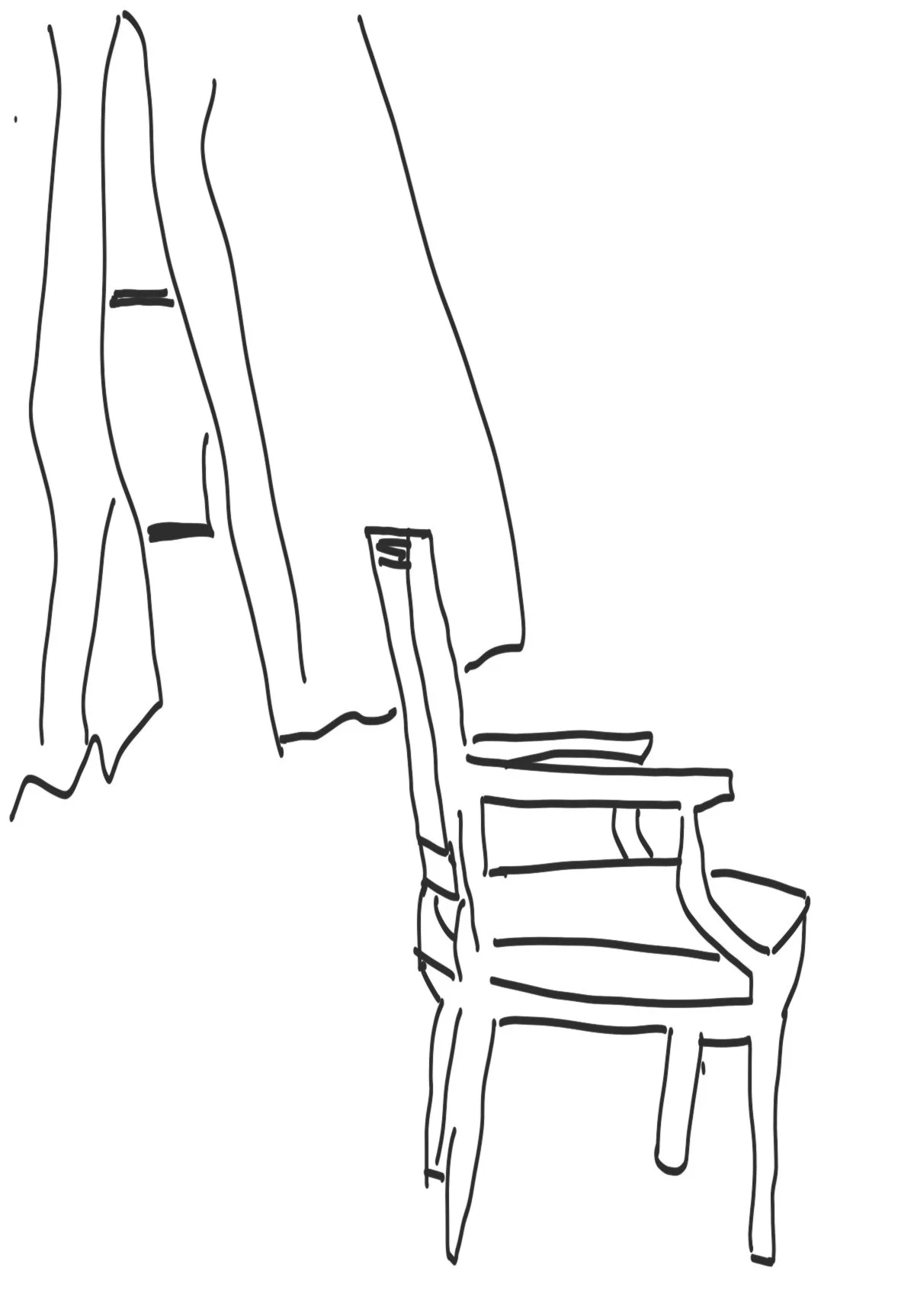 Illustration d'une chaise en bois avec un parapluie à côté.