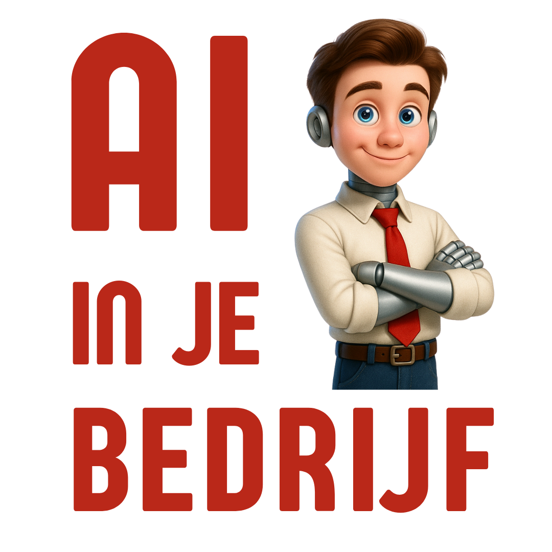 Animated boy with brown hair, blue eyes, beige shirt, red tie, grey robotic arms, crossed arms, smiling, standing next to large red text that reads 'AI IN JE BEDRIJF'.