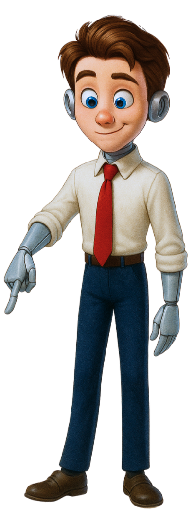 Animated character of a young man with brown hair, blue eyes, and a friendly expression, wearing a cream shirt, red tie, blue pants, and brown shoes. He has a robotic arm and ear.