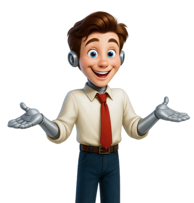 Animated character with brown hair, dressed in a beige shirt, red tie, blue pants, and robotic arms, with a playful expression and outstretched arms.