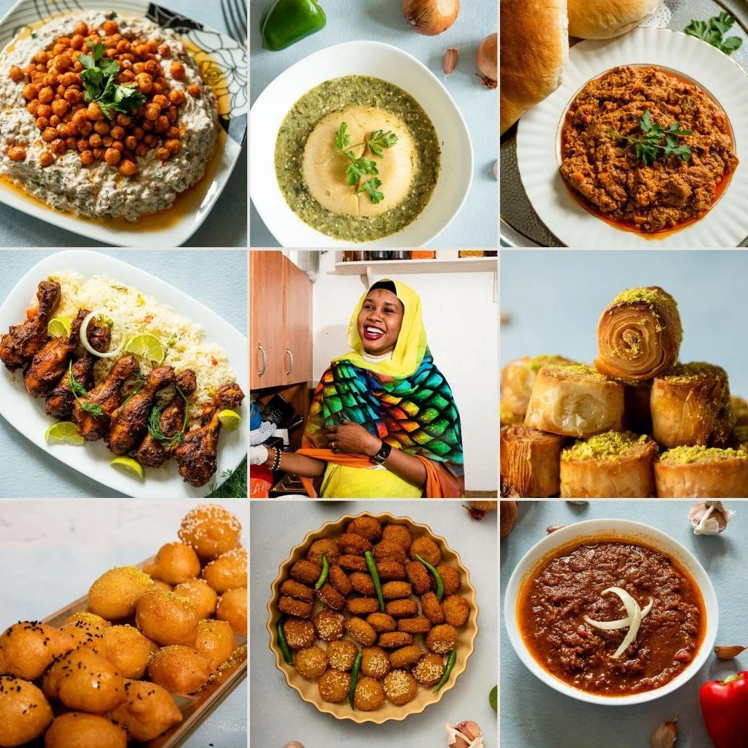 Collection of traditional Sudanese foods, including chickpea dish, spinach with dumplings, minced meat curry, grilled chicken with lemon