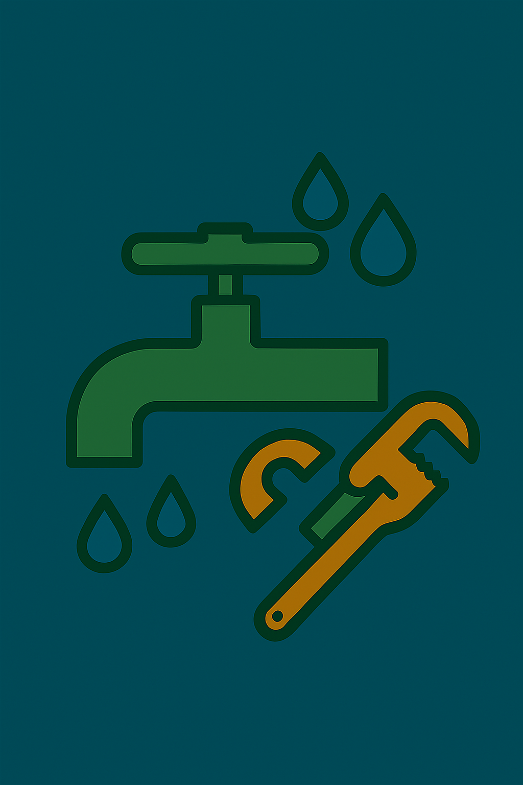Ilustración de una llave inglesa, un grifo, gotas de agua y una llave ajustable, en un fondo de color azul oscuro.