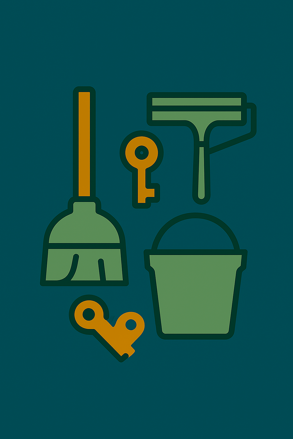 Ilustración de herramientas de limpieza, como una escoba, un rodillo de pintura, una llave y una cubeta, en colores verdes y naranjas.