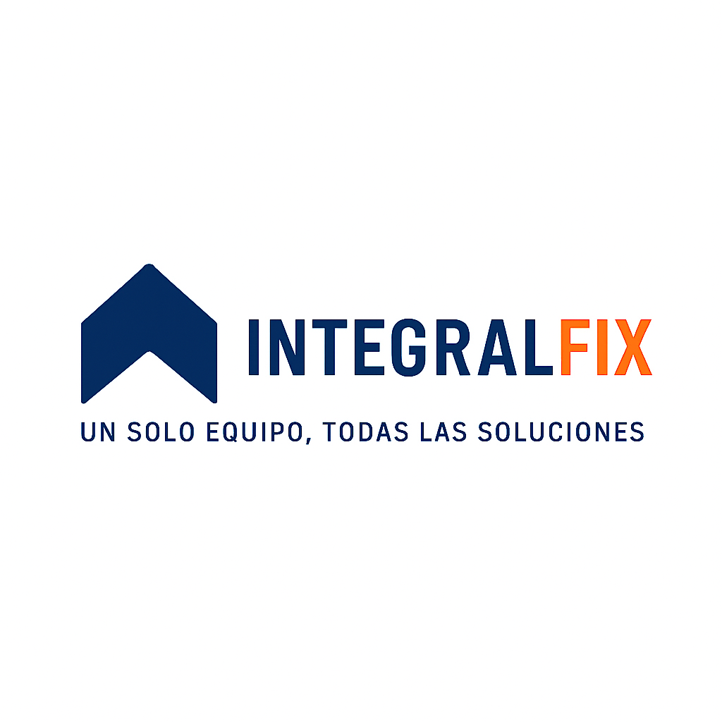 Logo de la empresa Integral Fix con un símbolo en forma de casa en color azul y el texto 'INTEGRAL FIX' en azul y naranja, acompañada del lema 'Un solo equipo, todas las soluciones' en texto azul.