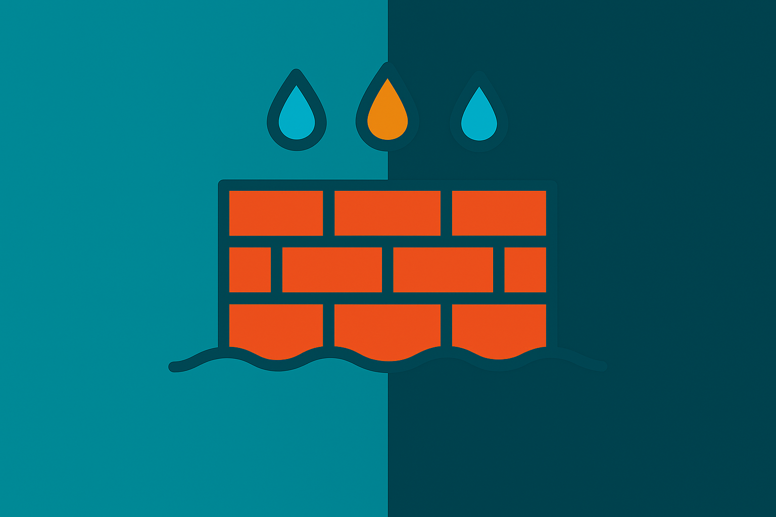 Ilustración de ladrillos de ladrillo en construcción con gotas de agua sobre ellos, fondo dividido en tonos azules.