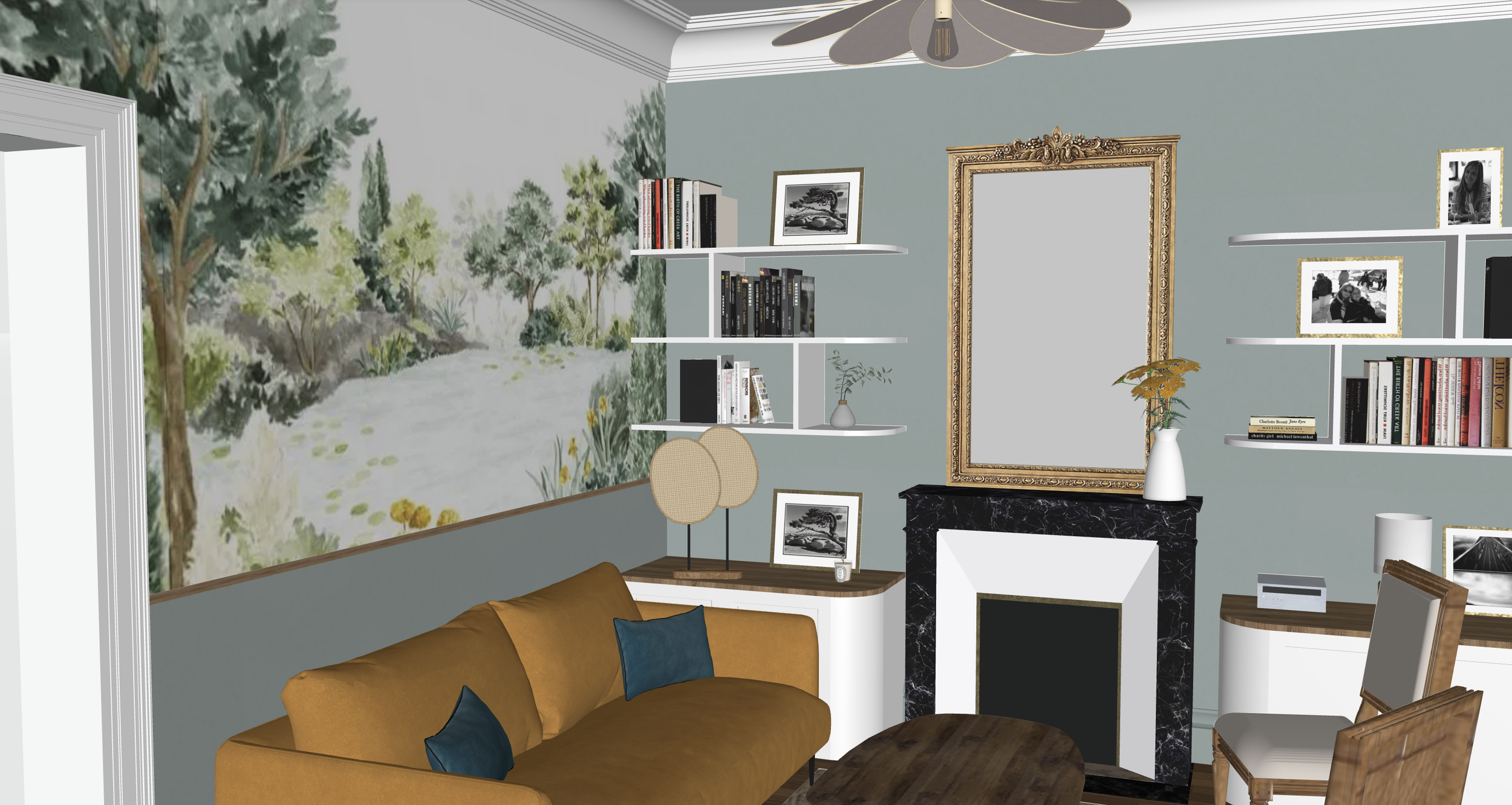 Aménagement salon chaleureux avec cheminée en marbre noire, miroir doré, canapé moutarde, papier peint panoramique, étagères sur mesure