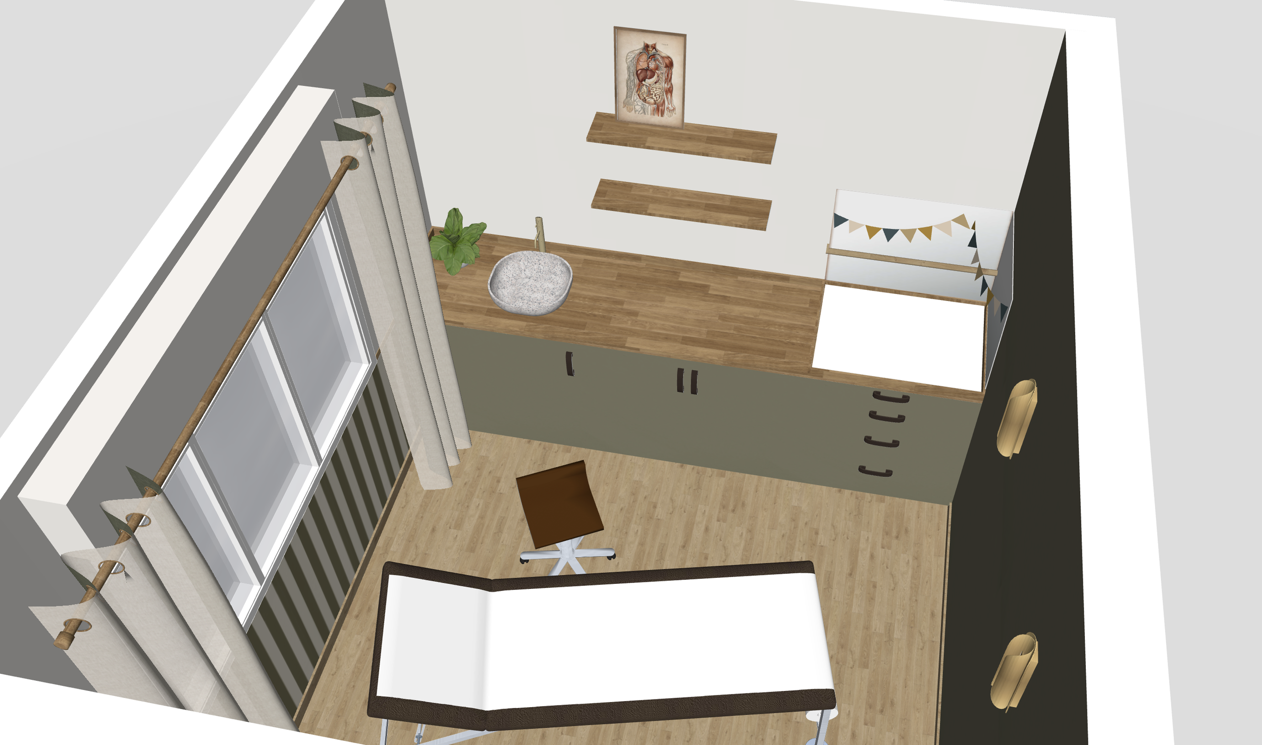 Rénovation aménagement d'une salle d'examen médical avec espace bébé, table d'examen en cuir