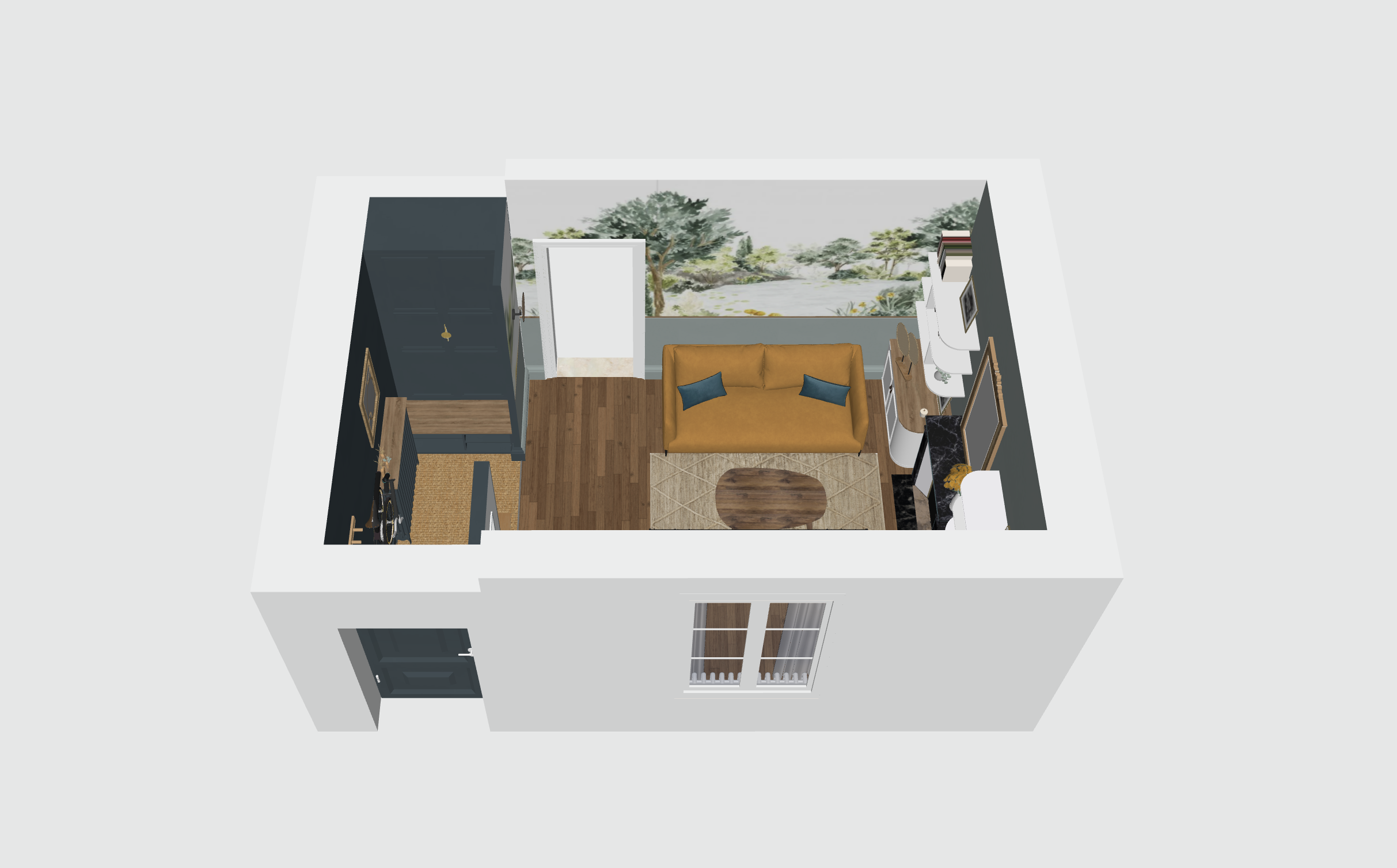 Agencement entrée salon attenants esprit chaleureux et cocoon