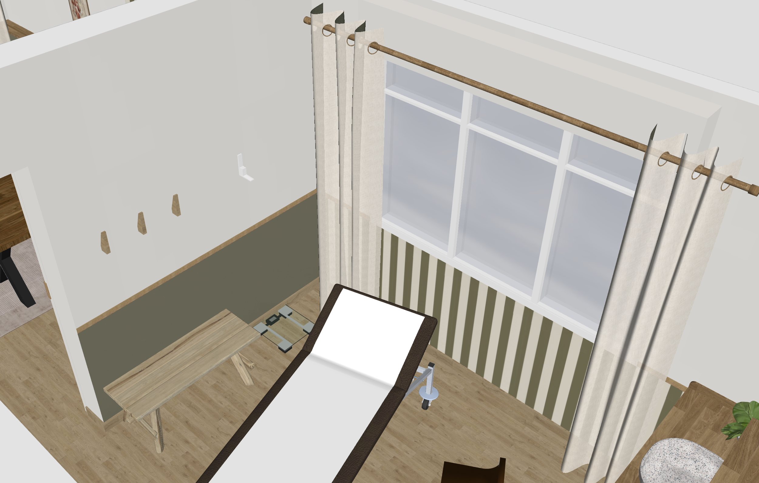 Aménagement d'une salle d'examen avec table d'examen, banc en bois et patères