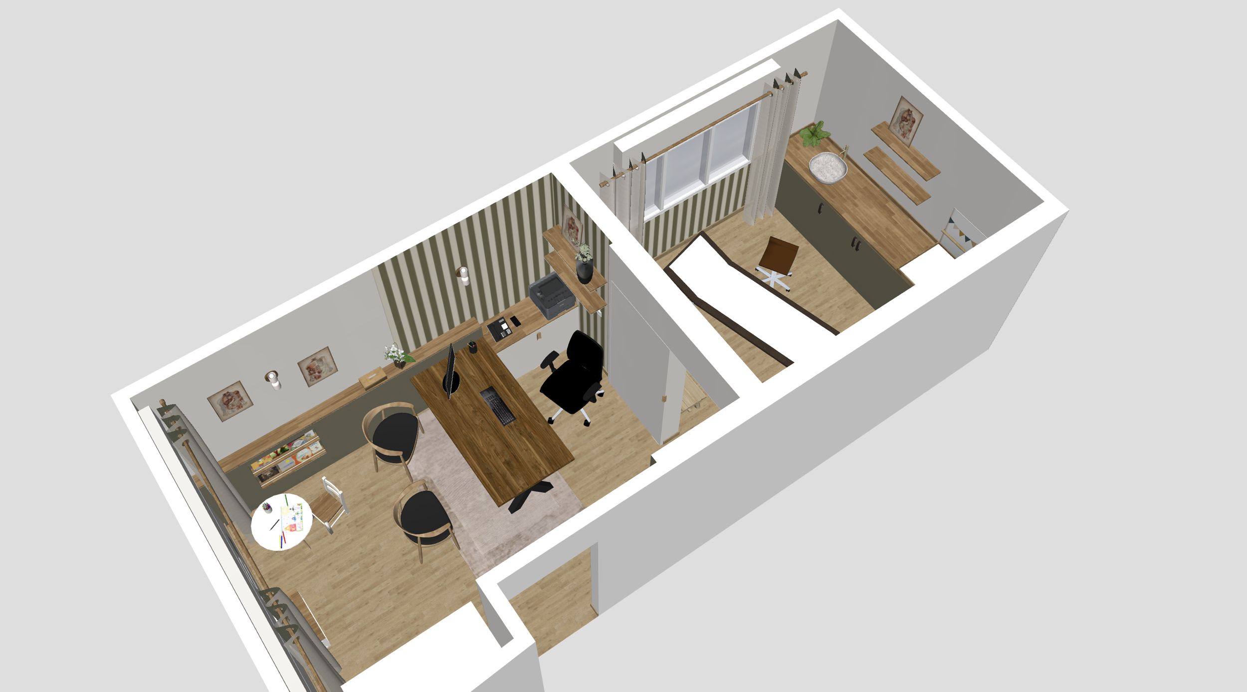 Rénovation d'un cabinet médical avec salle de consultation et salle d'examen, dans les tons verts et cuir, chaleureux