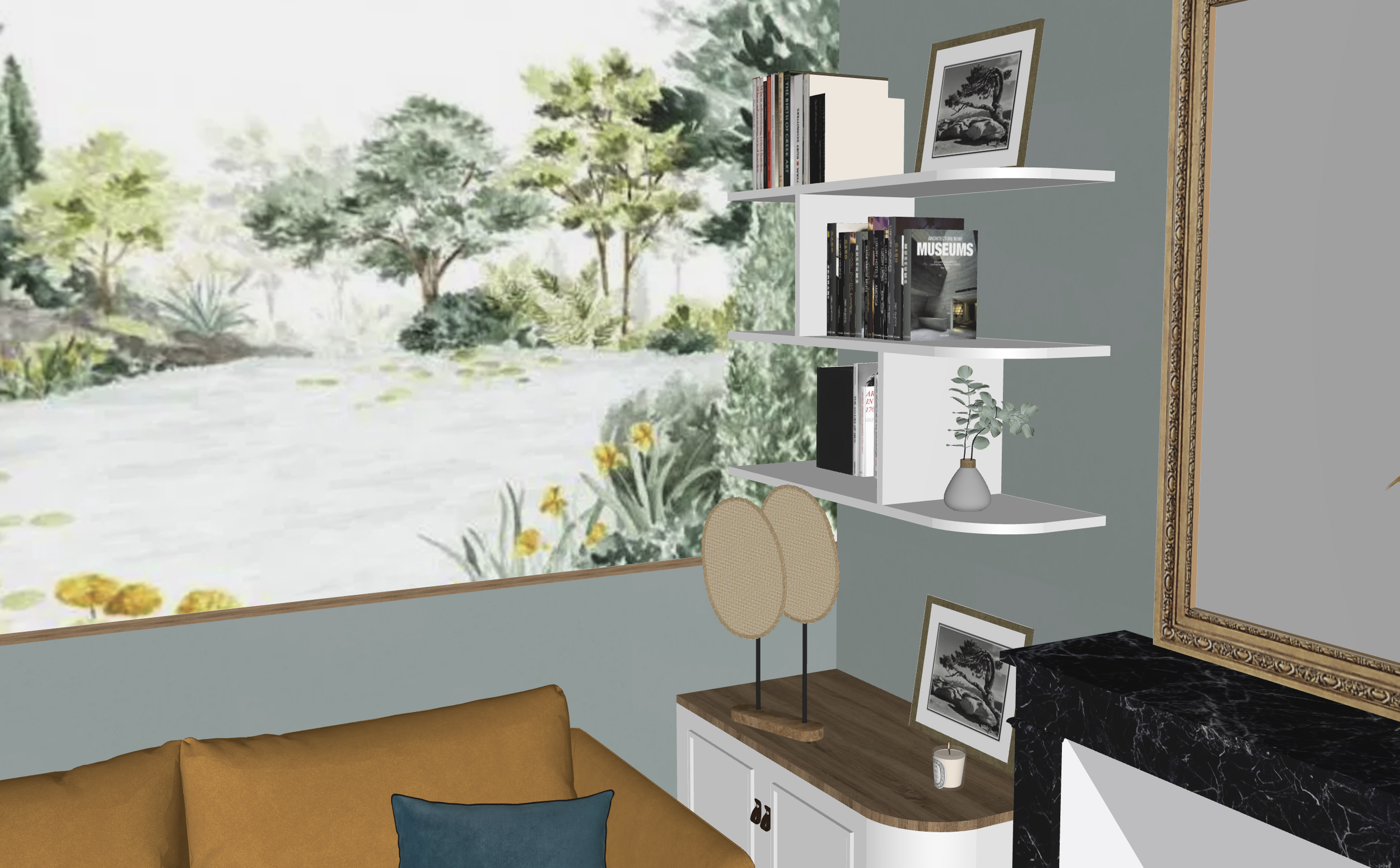 Décoration salon chaleureux avec papier peint panoramique et étagères sur mesure