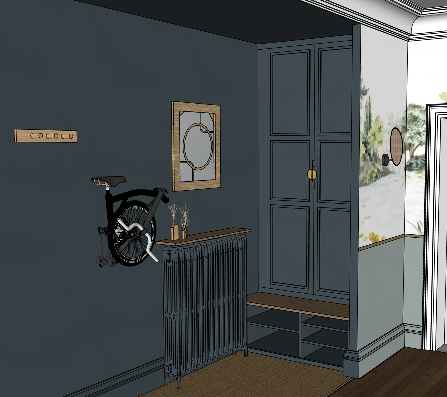 Décoration entrée couleur bleu foncé uni, avec détails laitons et mobilier bois