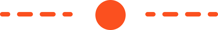A logo with a large orange circle in the center and orange dashed lines above and below it, on a black background.