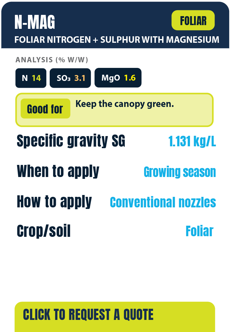 Label for N-MAG foliar fertilizer with nitrogen, sulfur, and magnesium, suitable for growing season and foliar application.