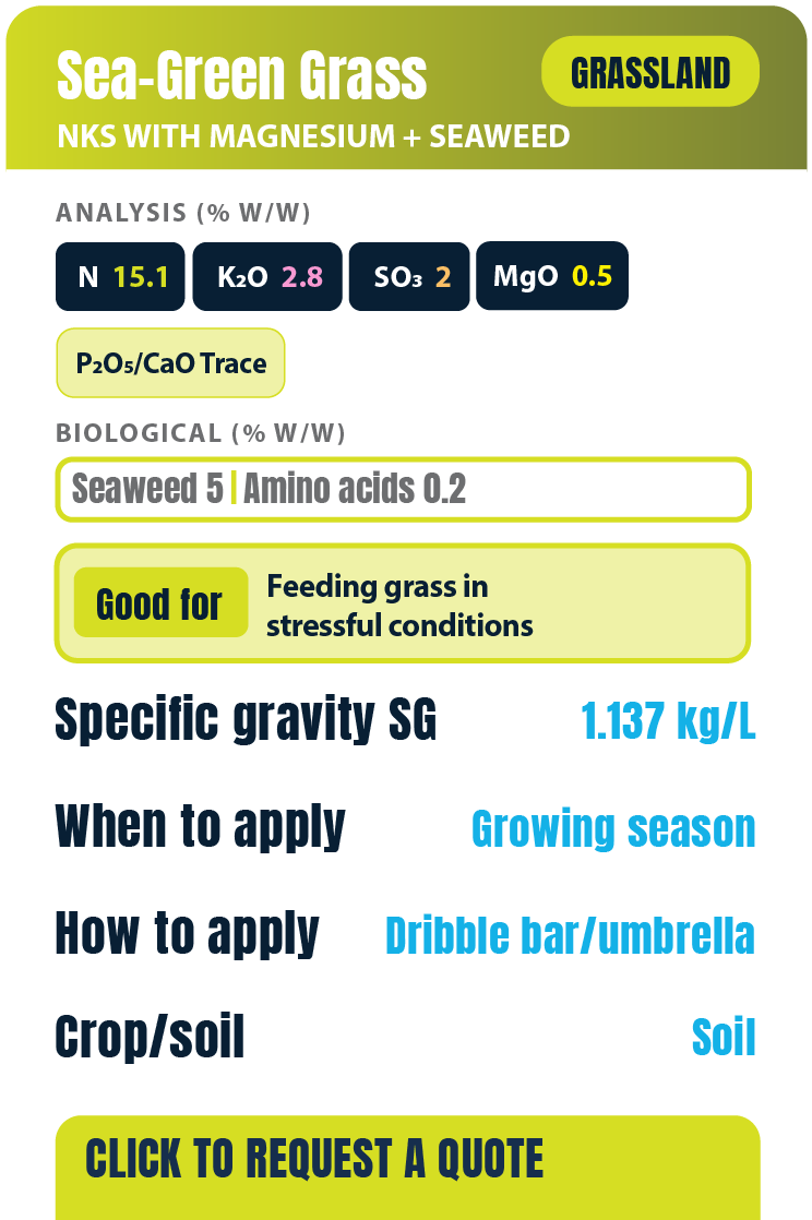 Label for Sea-Green Grass fertilizer showing nutrient analysis, biological content, benefits, and application instructions.