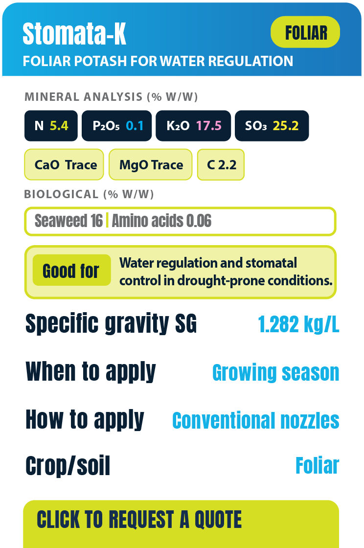 Label for Stomata-K foliar potassium product showing mineral and biological analysis and usage instructions for water regulation in drought conditions.