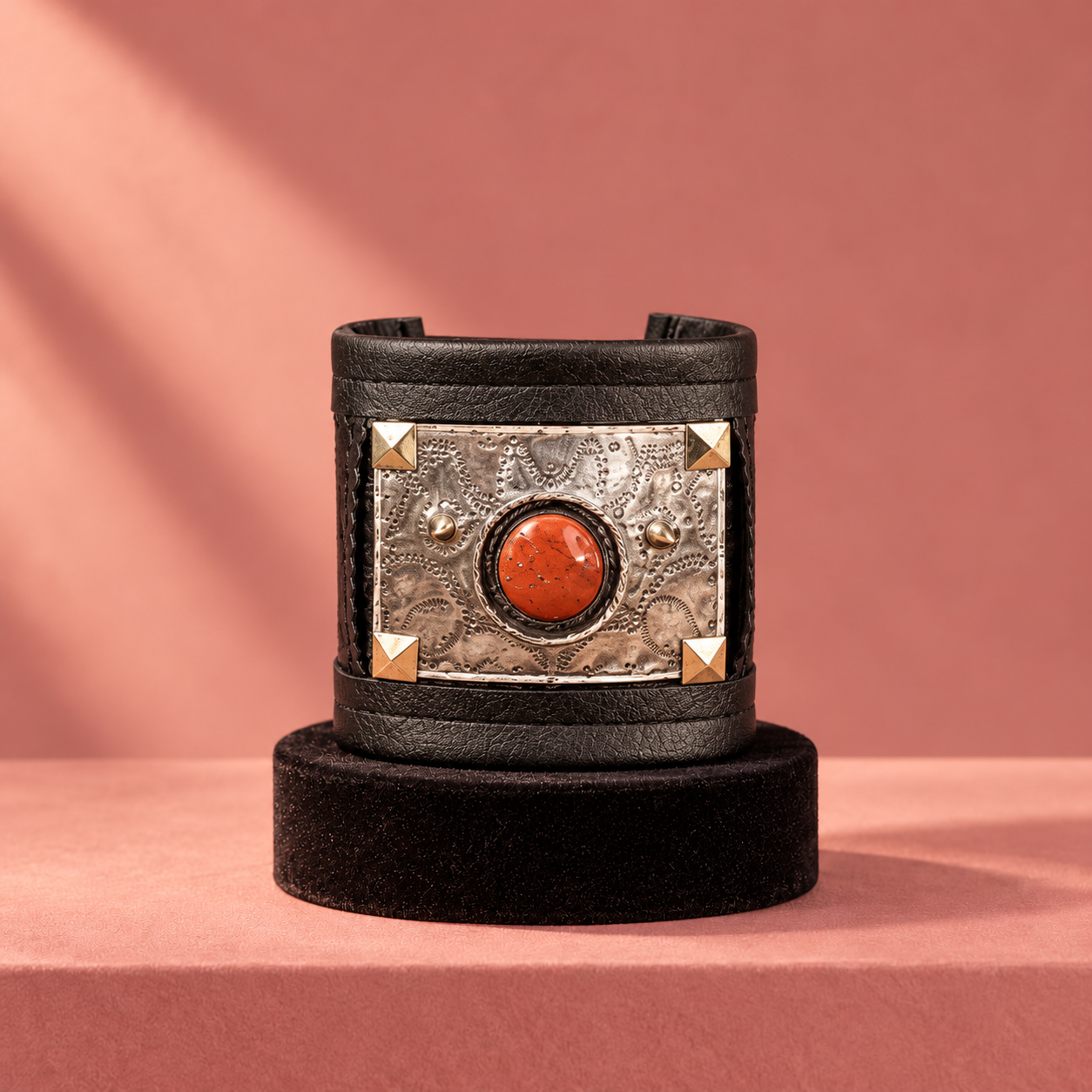 Black leather cuff with rust-red stone.png
