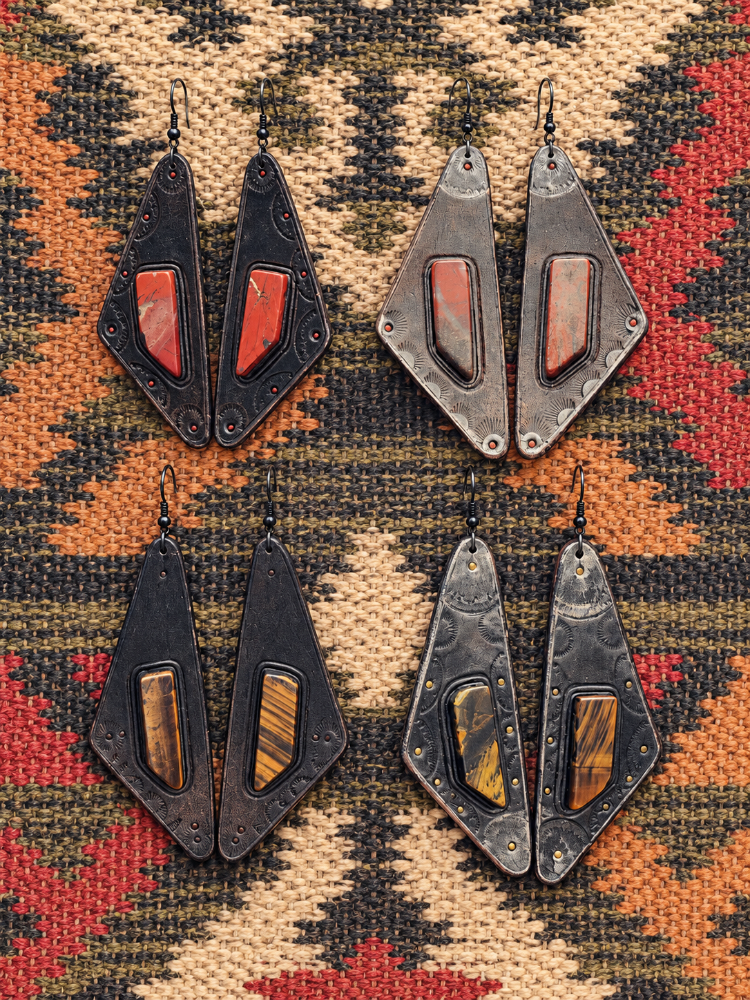 Four geometric leather earrings on kilim.png