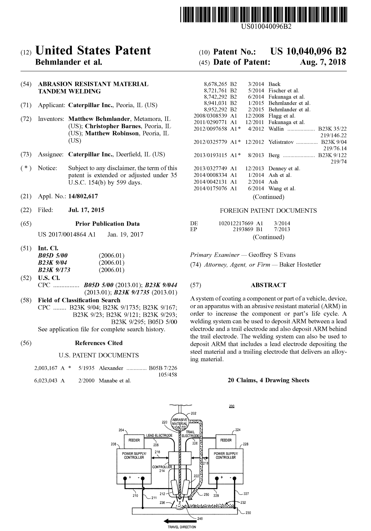 Patent document titled "ABRASION RESISTANT MATERIAL TANDEM WELDING" with diagram of a welding system showing a lead electrode, trail electrode, abrasive material, feeders, power supply, and controllers.