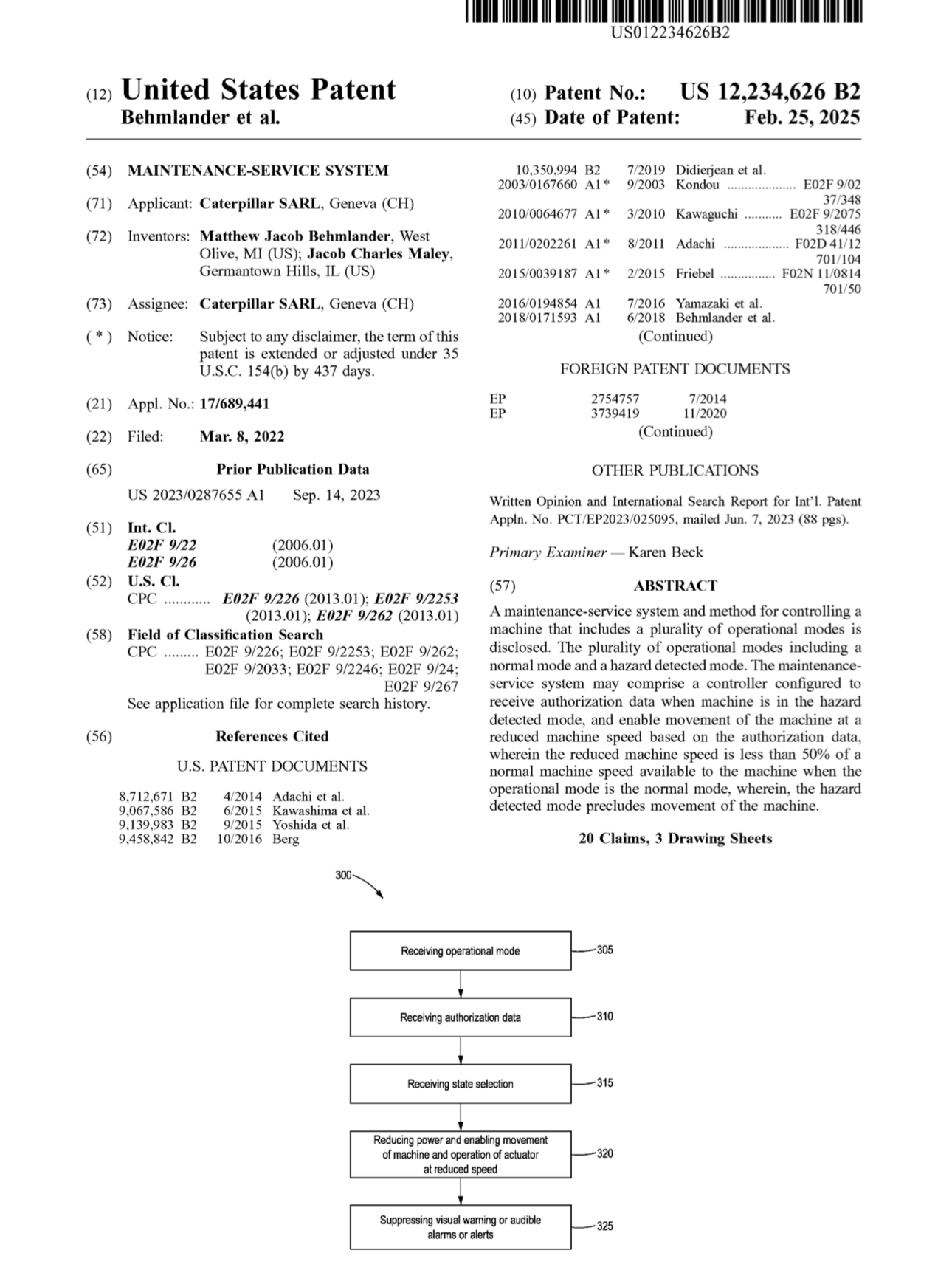 US patent document for a maintenance-service system, with patent number US 12,234,626 B2, filed on March 8, 2022, issued on February 25, 2025, featuring technical diagrams, applicant and inventor information, and a summary of the invention.