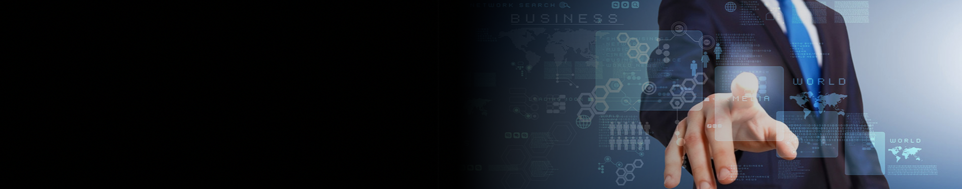 Business professional in a suit interacting with a digital interface showing world maps, data, and graphs.