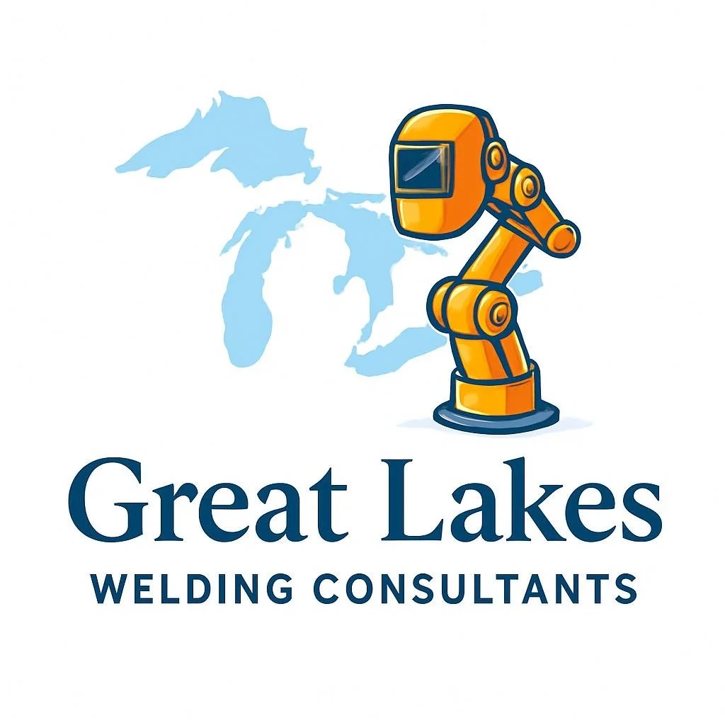 Logo for Great Lakes Welding Consultants featuring a robotic welding arm and a map outline of the Great Lakes.