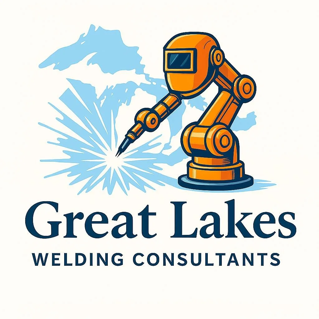 Logo for Great Lakes Welding Consultants featuring a robotic welding arm and a stylized lake or splash in blue.