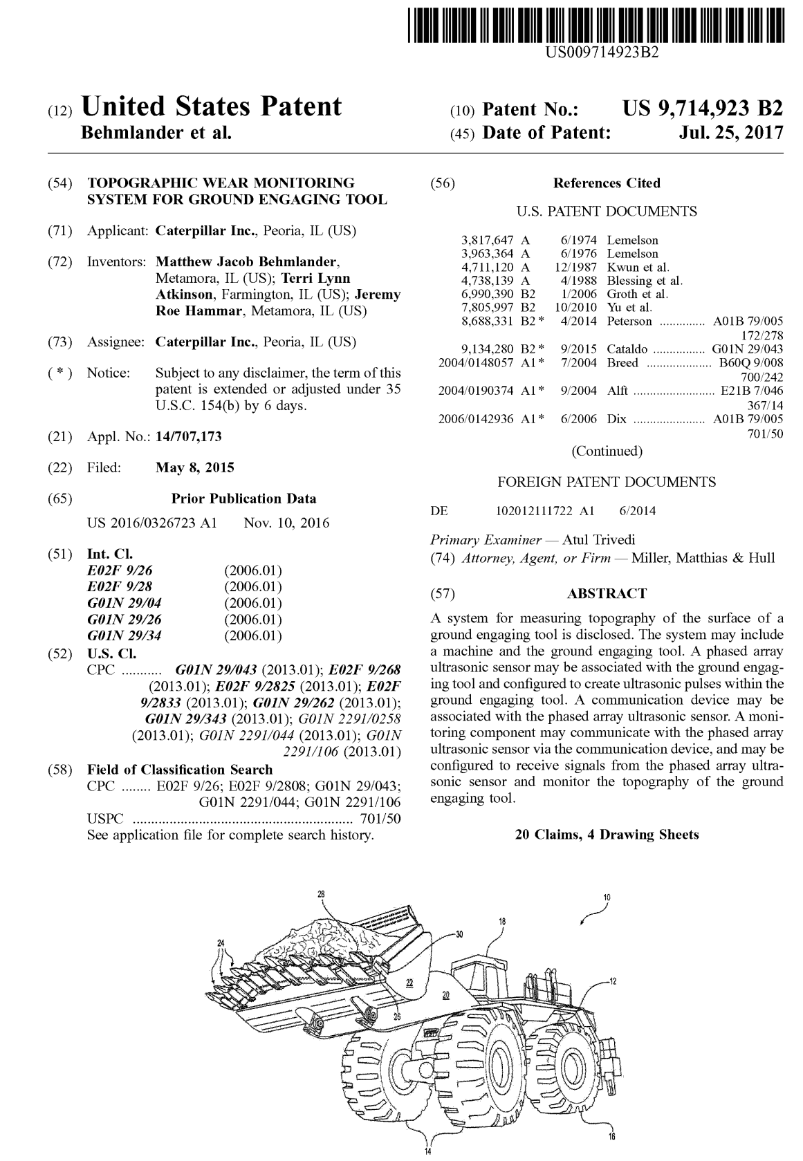 Patent document page with details including patent number, inventors, applicant, filing date, and abstract. Contains a line drawing of a ground engaging tool attached to a vehicle.