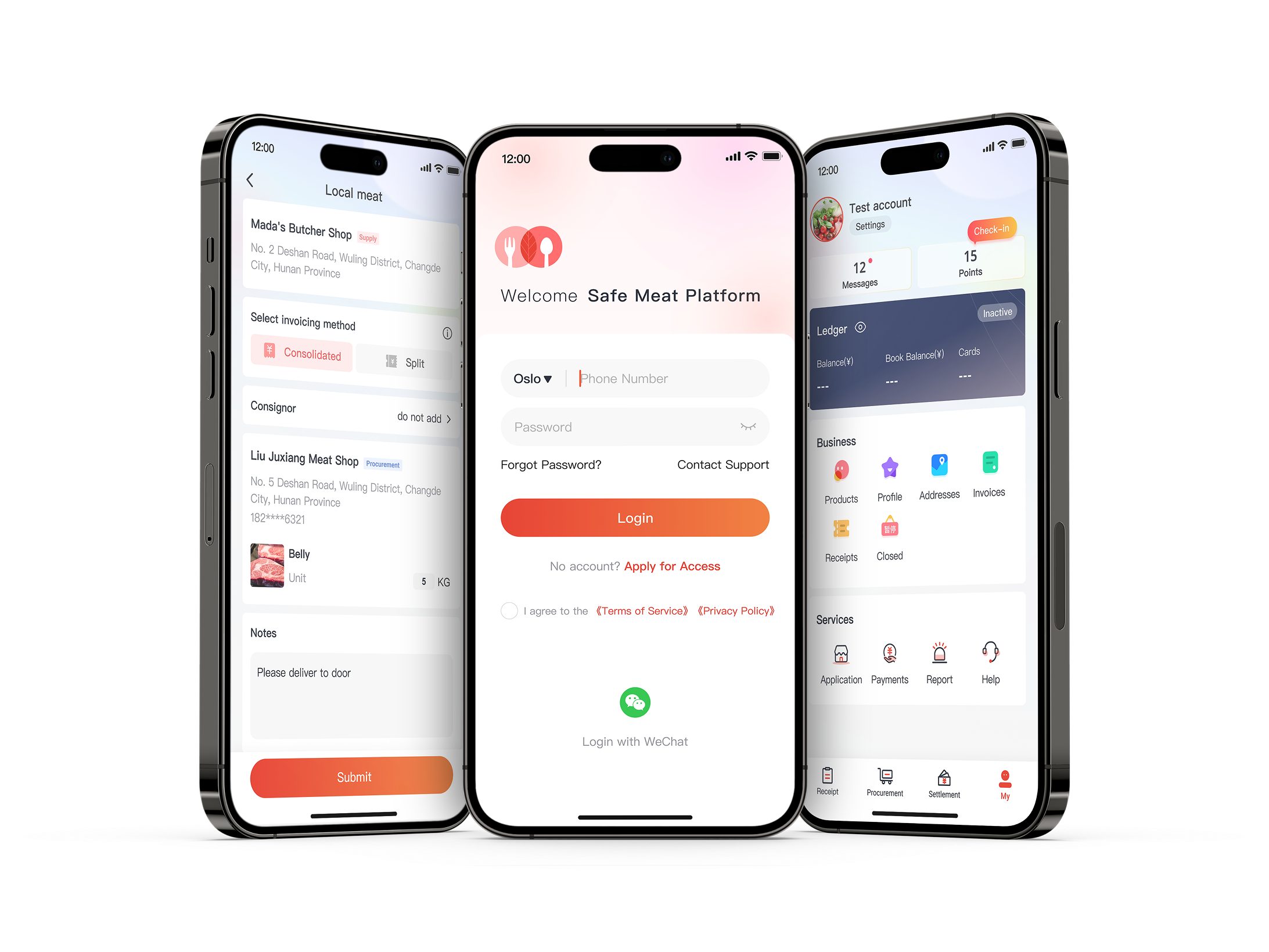 Five smartphones displaying a meat ordering app, login screen, and account interface with various menu options.