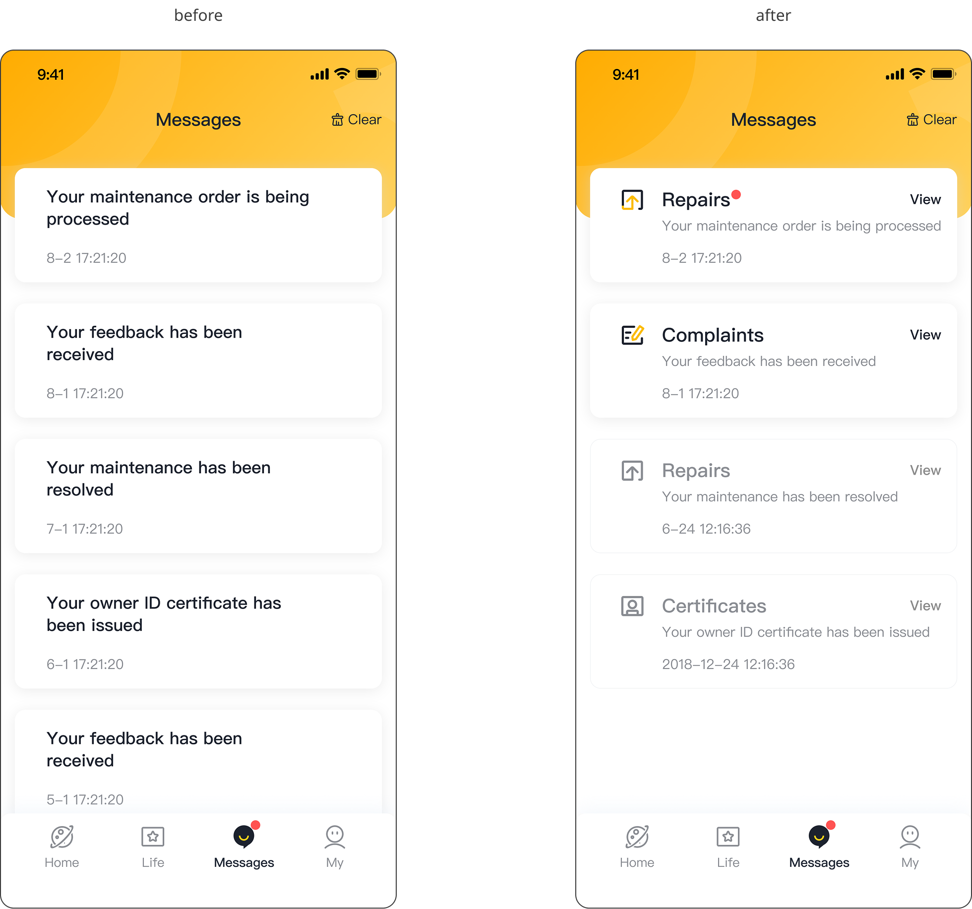 Screenshots of a mobile app showing message notifications related to maintenance and feedback, with icons and timestamps.