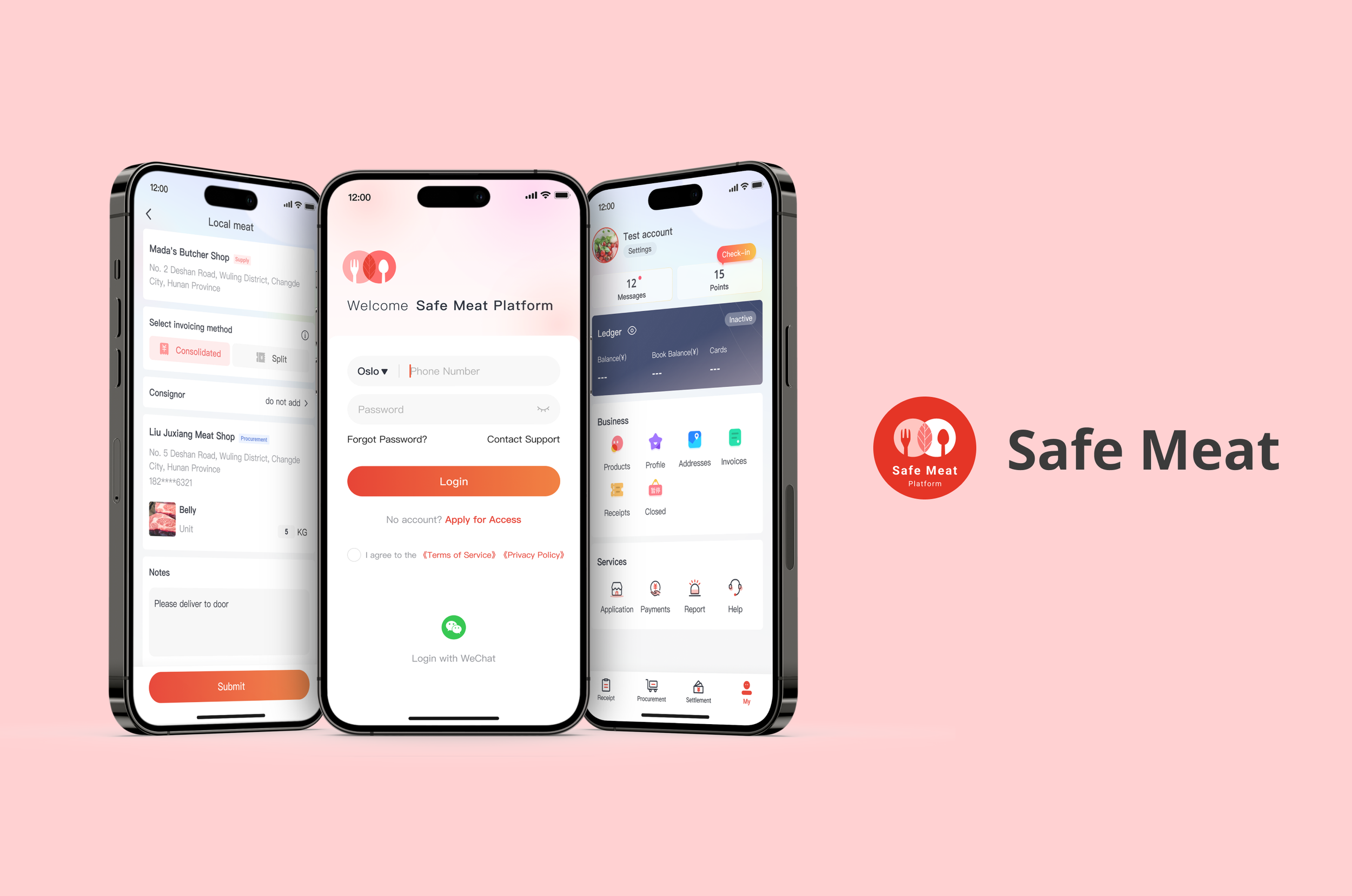 Three smartphones displaying the user interface of the Safe Meat Platform app on a pink background, with the Safe Meat logo and name to the right.