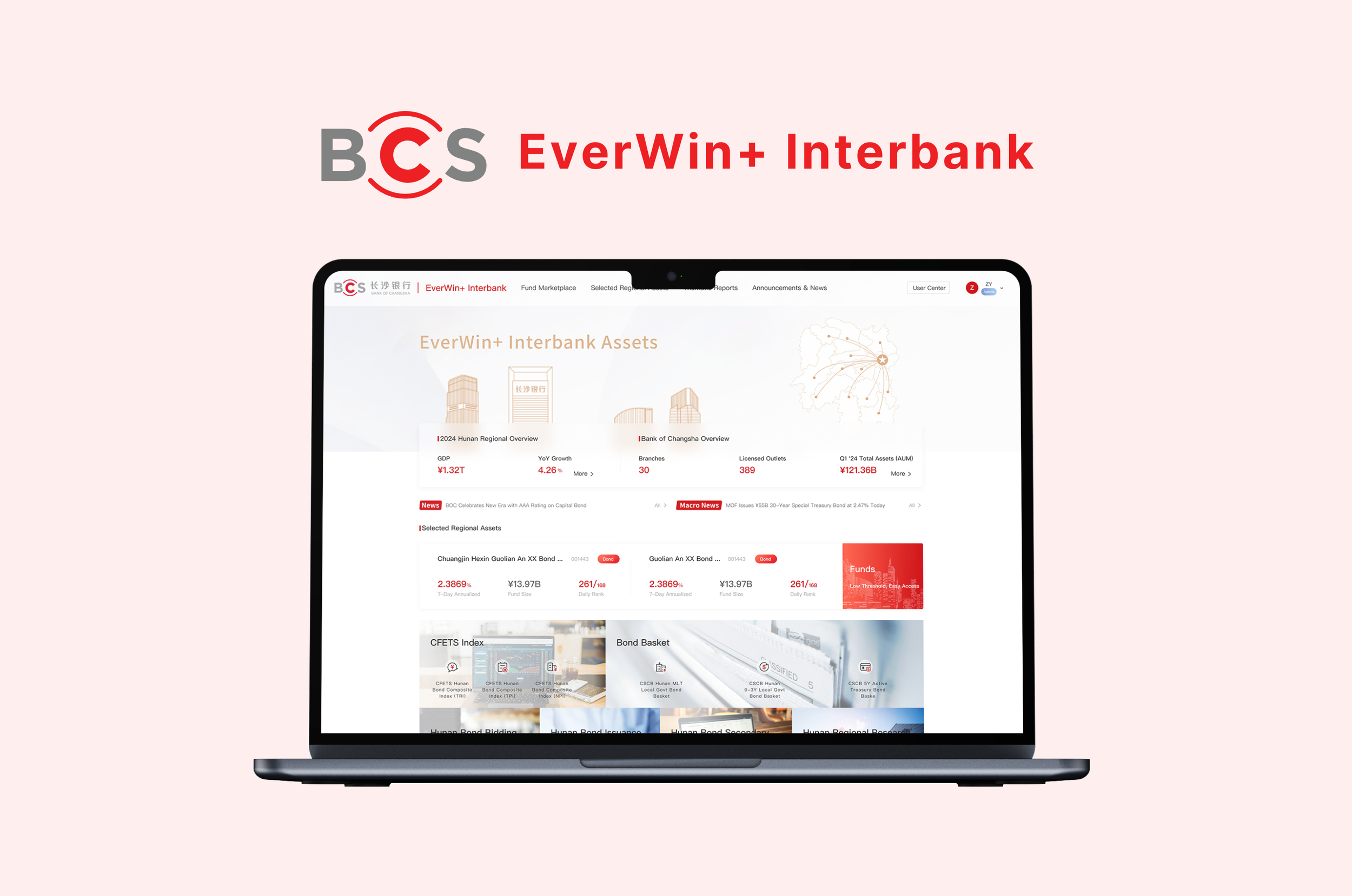 Laptop displaying the EverWin+ Interbank website with financial data and charts.