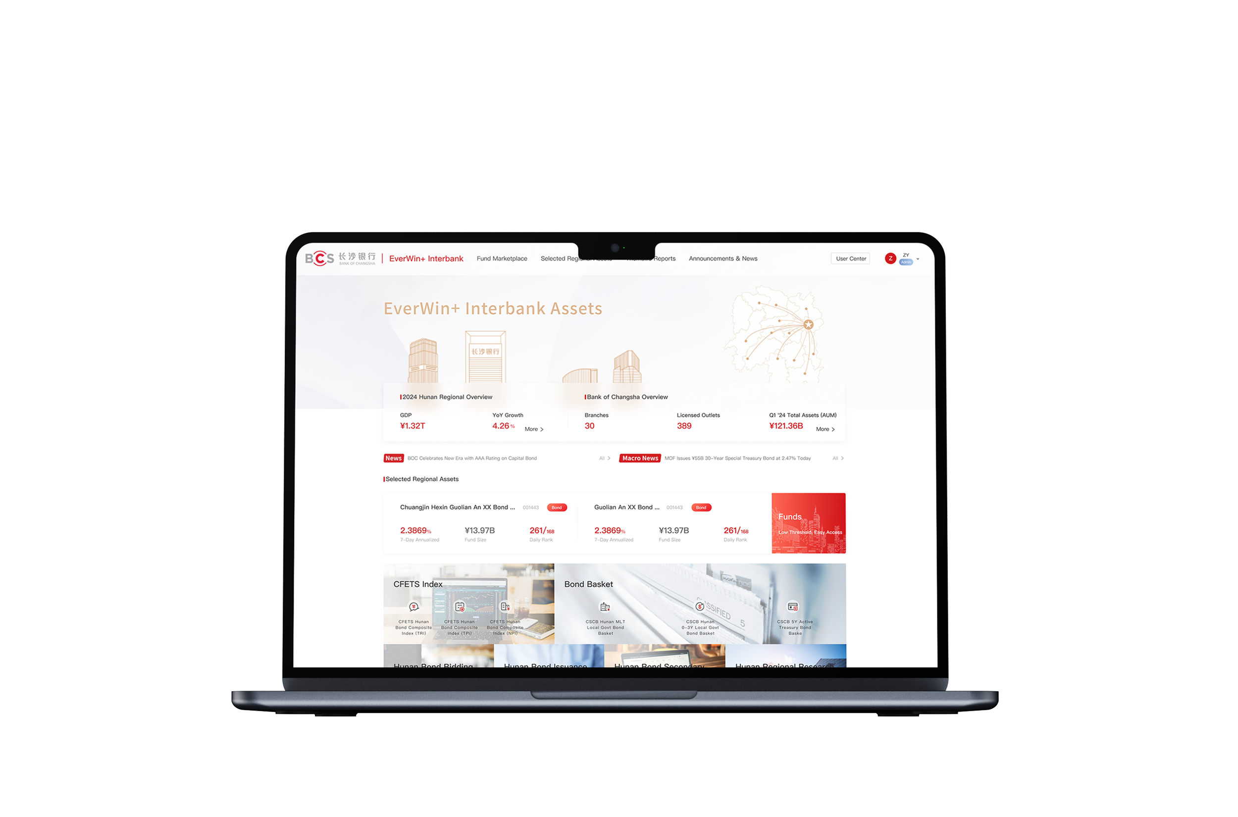 Laptop displaying a financial website with asset overview, regional and market data, and various investment tools.