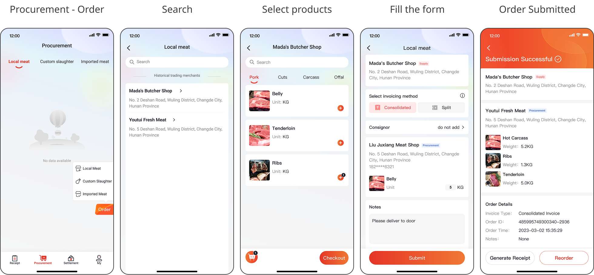 Screenshots of a mobile app for ordering meat from a butcher, showing steps from procurement to submission success, including selecting meat types, quantities, and noting delivery instructions.