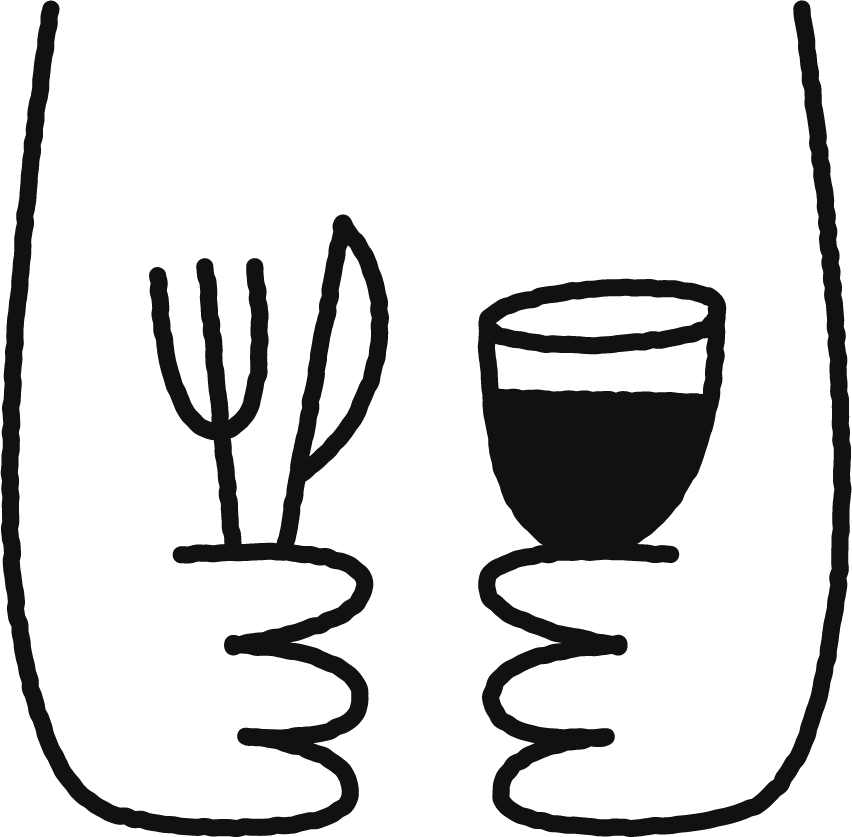 Dessins simplifiés de deux mains tenant des ustensiles de cuisine, une fourchette et un couteau dans la main gauche, un verre dans la main droite.