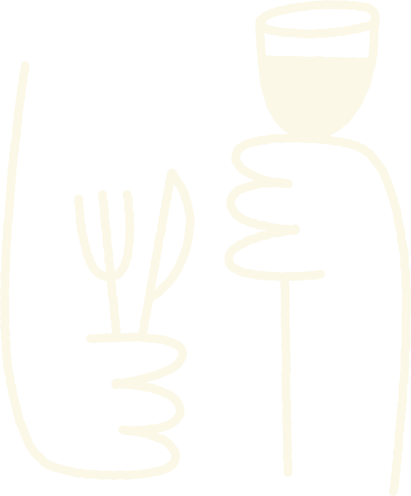Illustration minimaliste d'une main tenant un verre, une autre main tenant une fourchette et un couteau, fond noir.