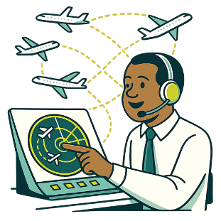 An air traffic controller actively monitoring several aircraft on a radar screen