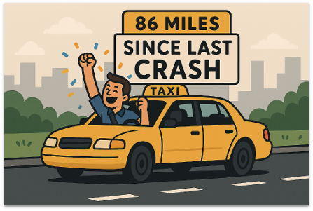 A taxi driver celebrating a sign reading 86 miles since last crash
