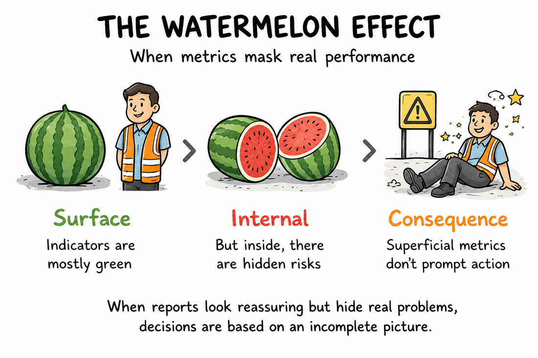 Illustration of the Watermelon Effect: indicators look green on the surface but hide red risks underneath