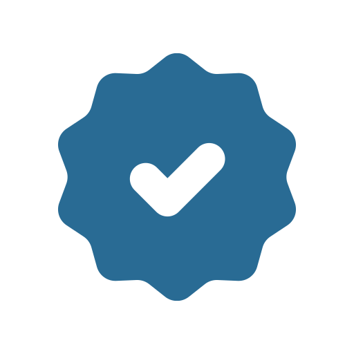 Blue badge icon with a black checkmark in the center.
