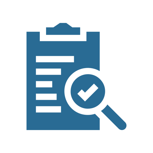 Icon of a clipboard with a magnifying glass and check mark, representing document review or verification.