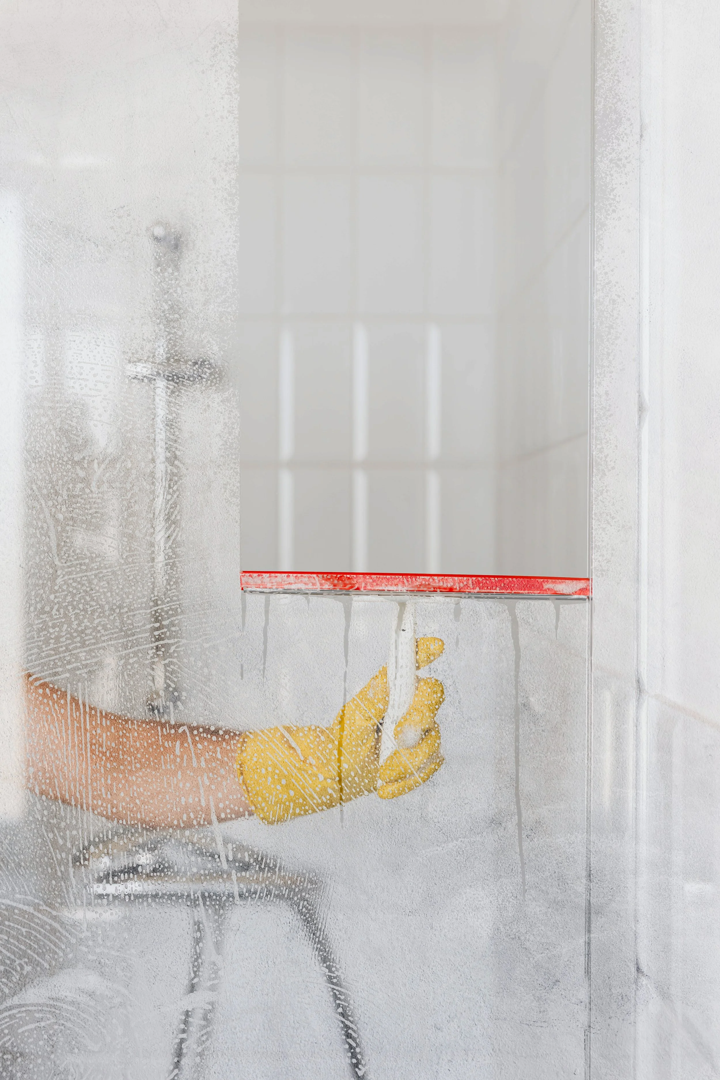 A person cleaning a foggy glass shower door with a yellow cloth and a squeegee, seen through the foggy glass.