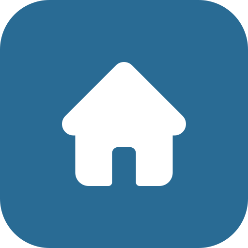 Icon of a white house on a blue background.