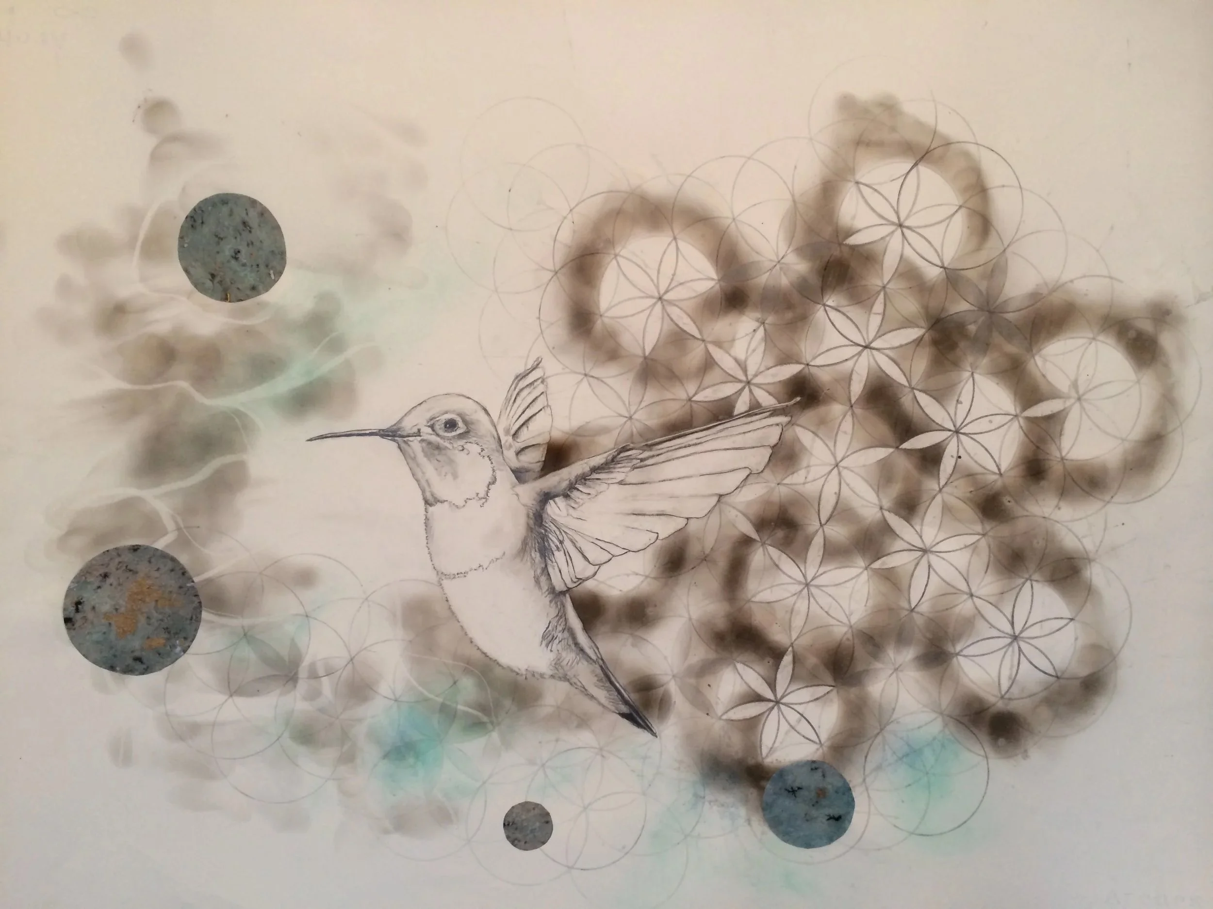 "Emerge", fire burning, soot, graphite, pastel powder, collage paper, acrylic medium - Laura Cerrano 