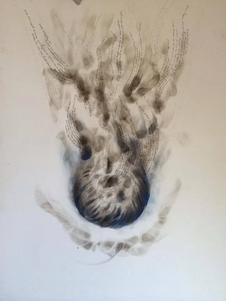 "Stream of Consciousness",  Fire burning, soot, graphite, pastel - Laura Cerrano