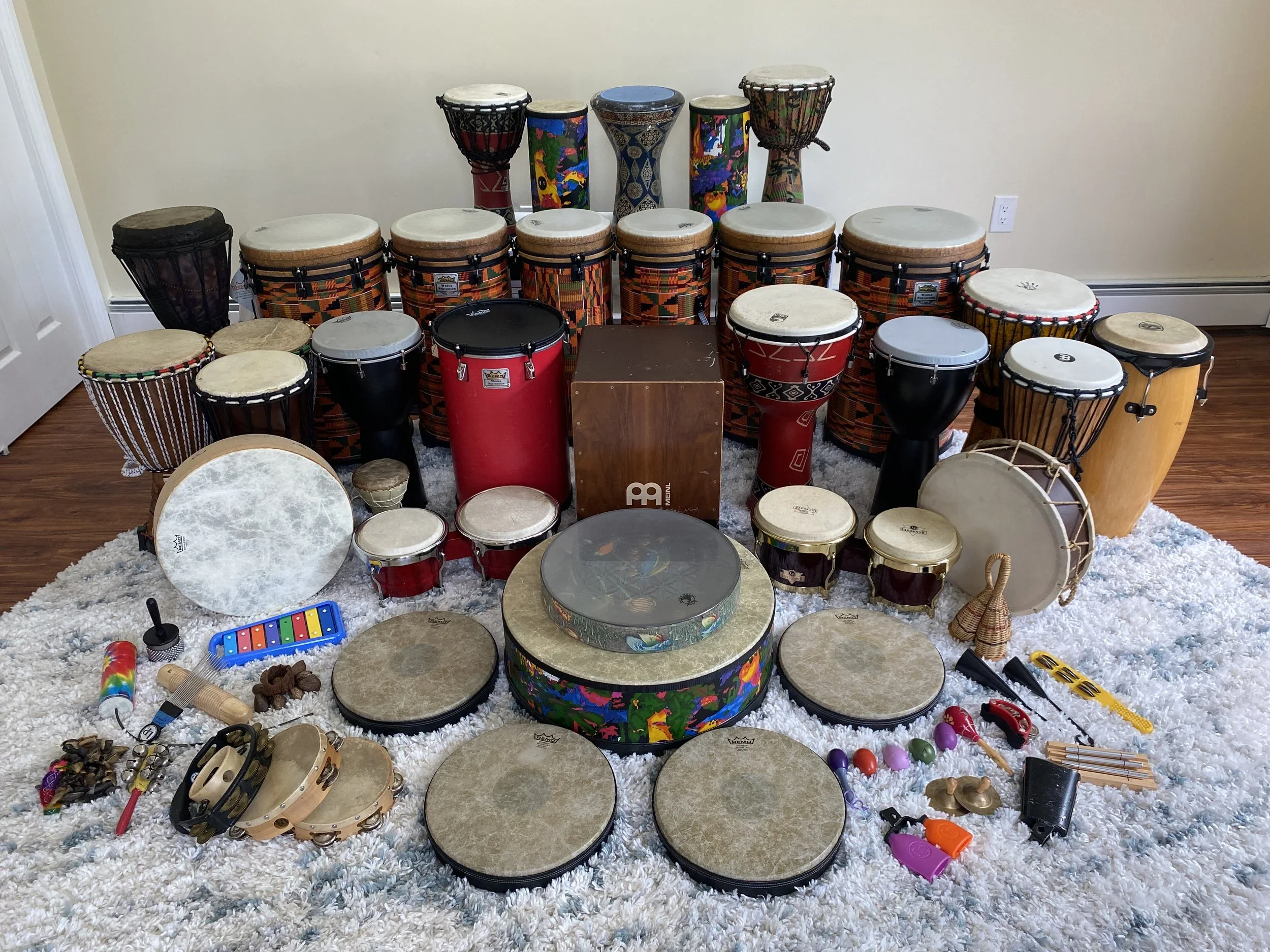 Collection of Drum Circle Drums owned by Feng Shui Manhattan wellness services program coordinator and provider, Laura Cerrano.