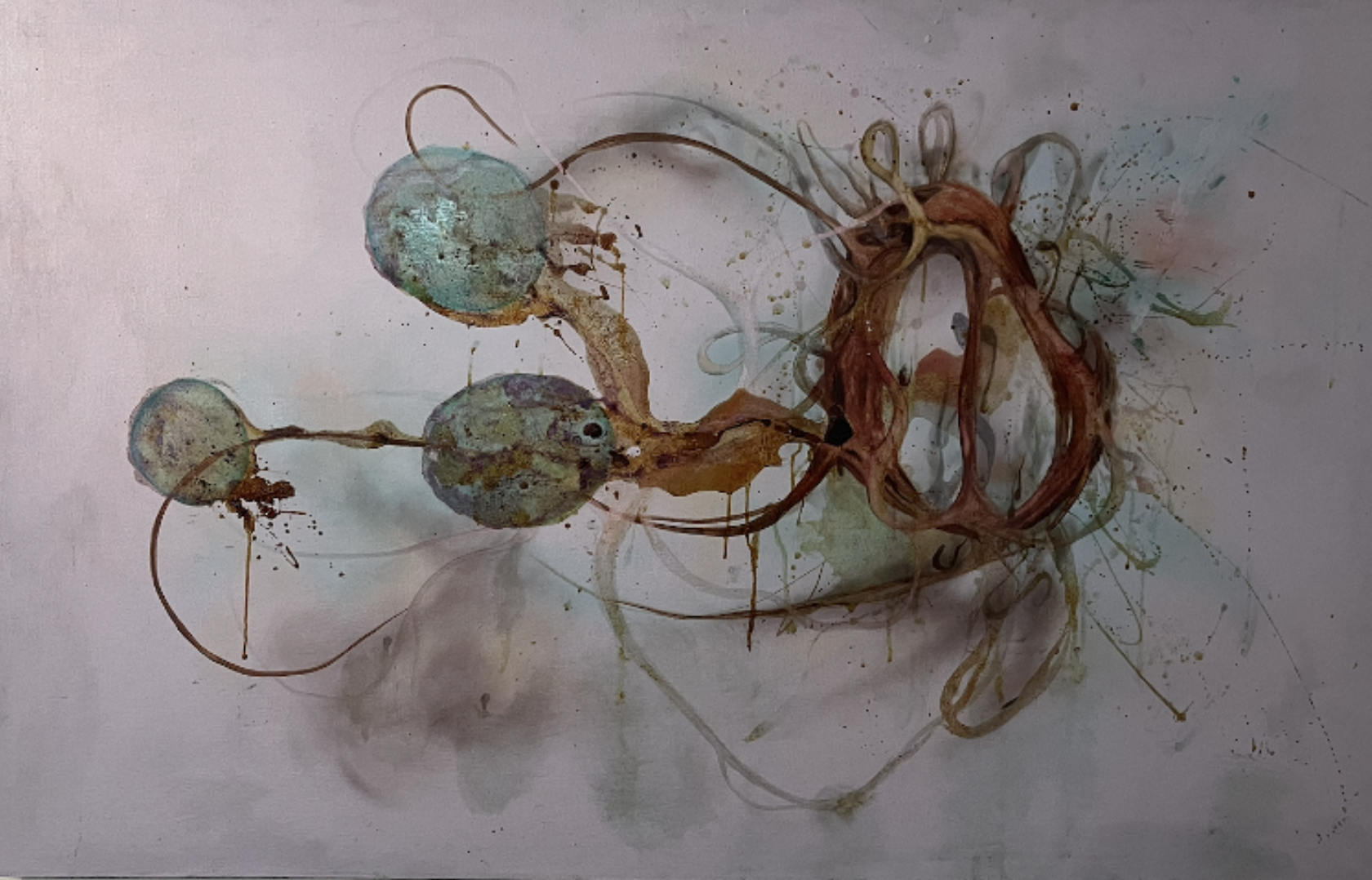 "Atrium", Mixed-media: fire burning, soot, acrylic paint, oil paint, pastel, oil and acrylic medium - Laura Cerrano 